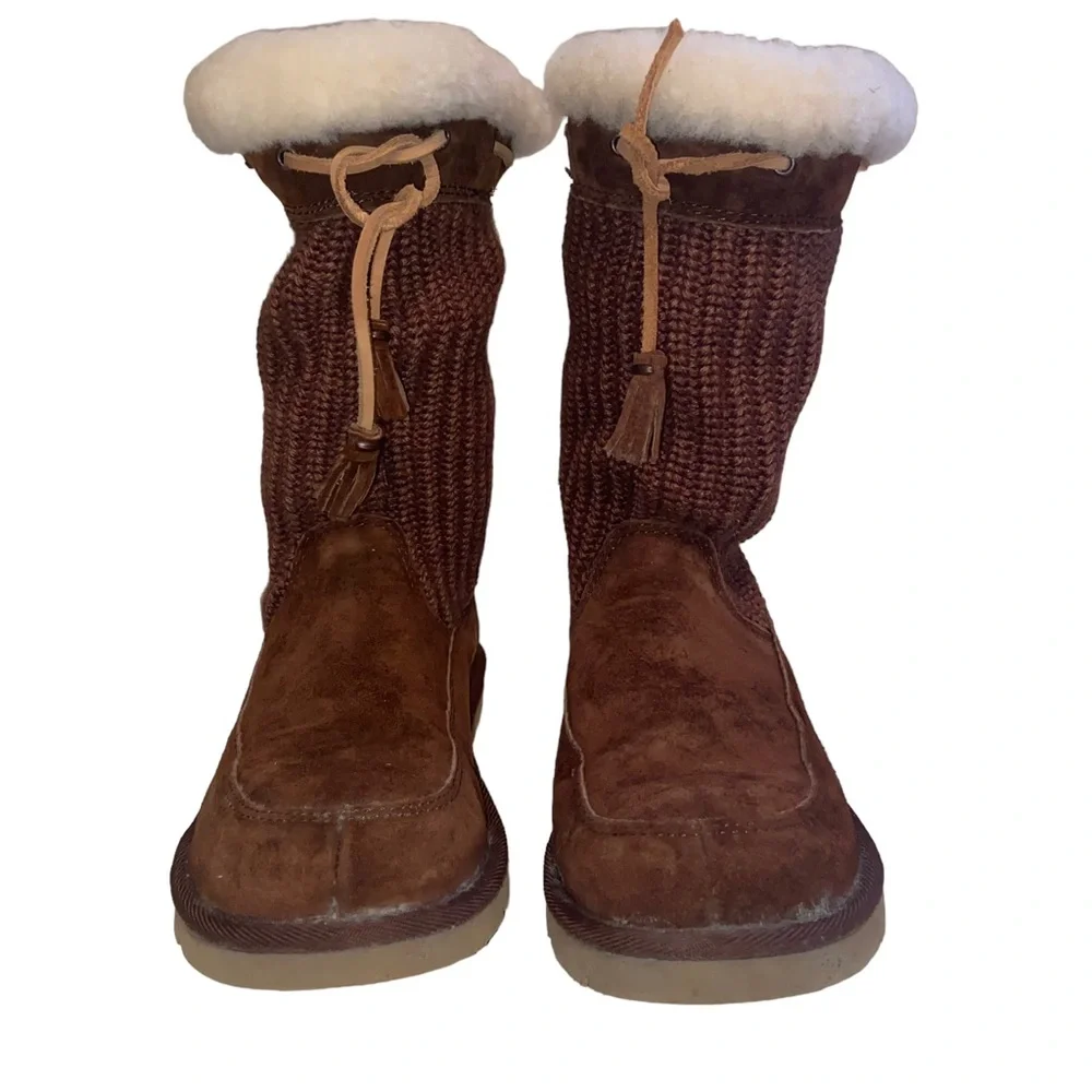 UGG Australia Suburb Boots Womens Size 6 Leather Suede Crochet Knit Fur Sherpa